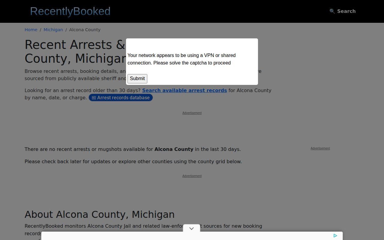 RecentlyBooked private Alcona County page showing limited current coverage