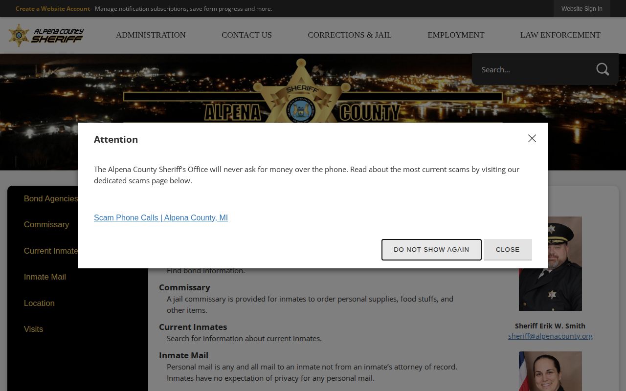 Official Alpena County Corrections and Jail page used for current Alcona inmate housing searches