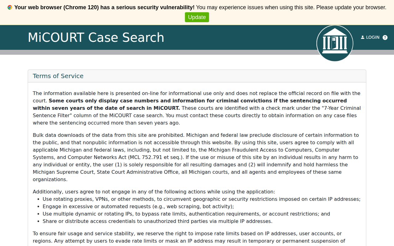 Official Michigan MiCOURT public case search for Alcona County